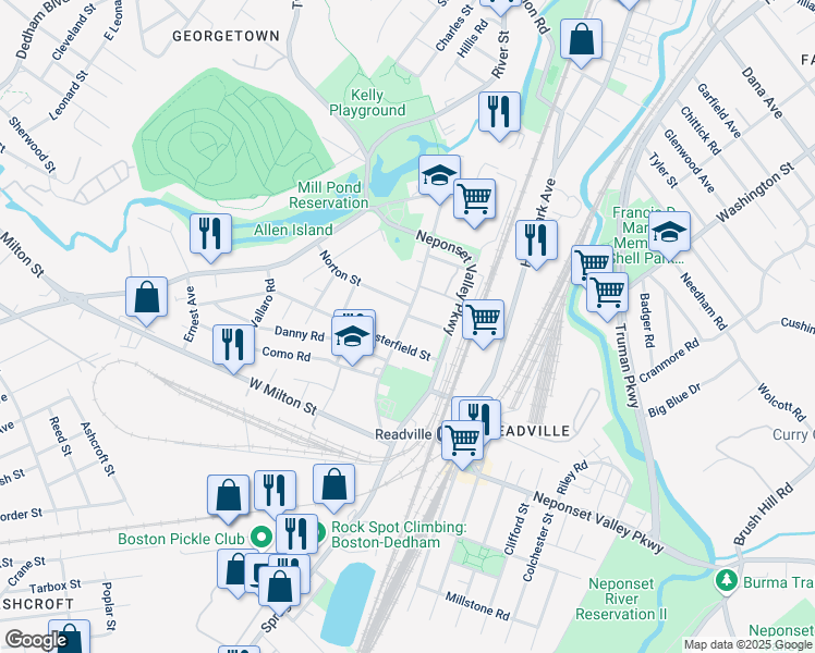 map of restaurants, bars, coffee shops, grocery stores, and more near 108 Readville Street in Boston