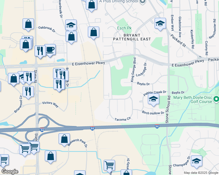 map of restaurants, bars, coffee shops, grocery stores, and more near 3304 Alpine Drive in Ann Arbor