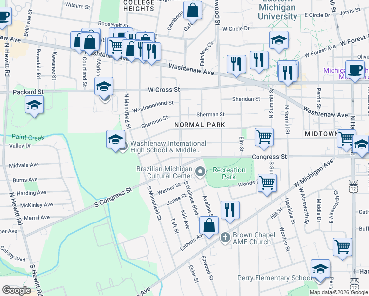 map of restaurants, bars, coffee shops, grocery stores, and more near 14 North Wallace Boulevard in Ypsilanti