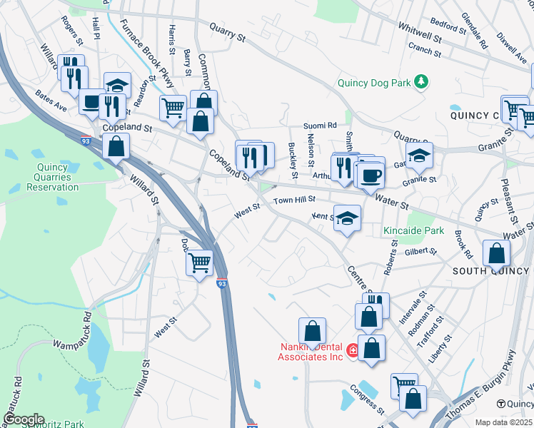 map of restaurants, bars, coffee shops, grocery stores, and more near 42 West Street in Quincy