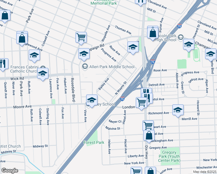map of restaurants, bars, coffee shops, grocery stores, and more near 2217 Calvin Ave in Lincoln Park