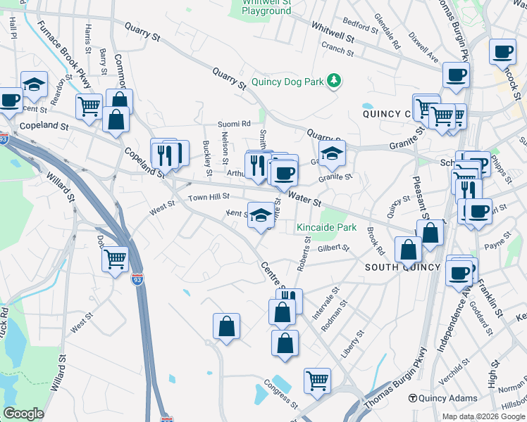 map of restaurants, bars, coffee shops, grocery stores, and more near 2 Town Hill Street in Quincy