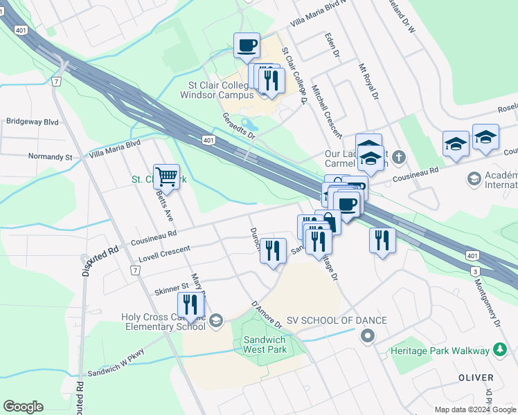map of restaurants, bars, coffee shops, grocery stores, and more near 2100 Cousineau Road in Windsor