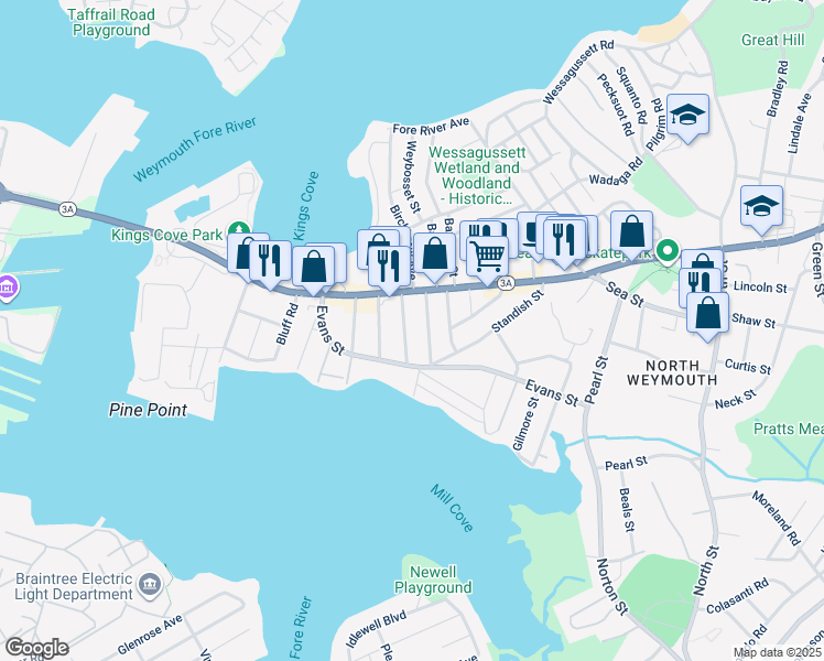 map of restaurants, bars, coffee shops, grocery stores, and more near 32 Rosalind Road in Weymouth