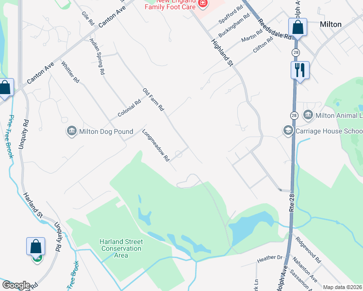 map of restaurants, bars, coffee shops, grocery stores, and more near 241 Old Farm Road in Milton