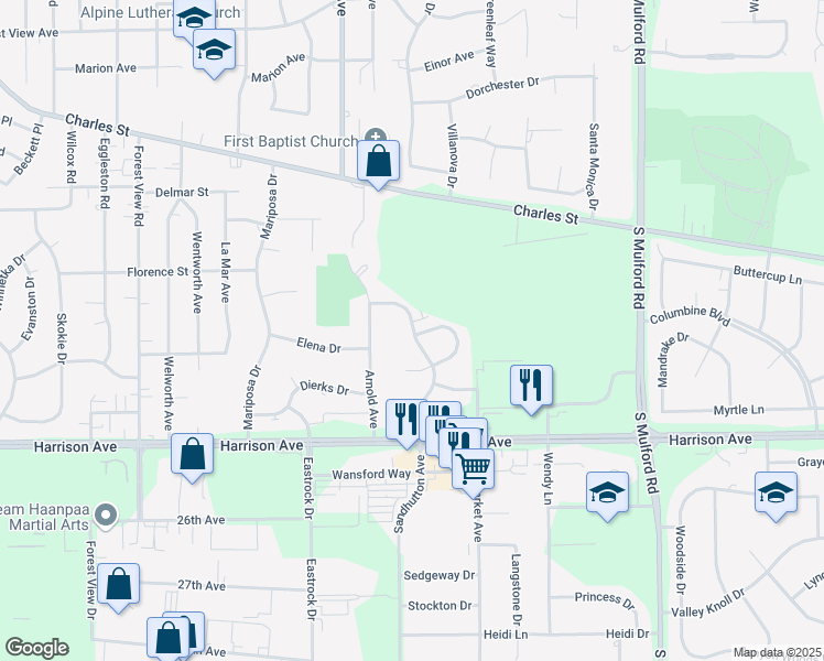 map of restaurants, bars, coffee shops, grocery stores, and more near 2335 Sandhutton Avenue in Rockford