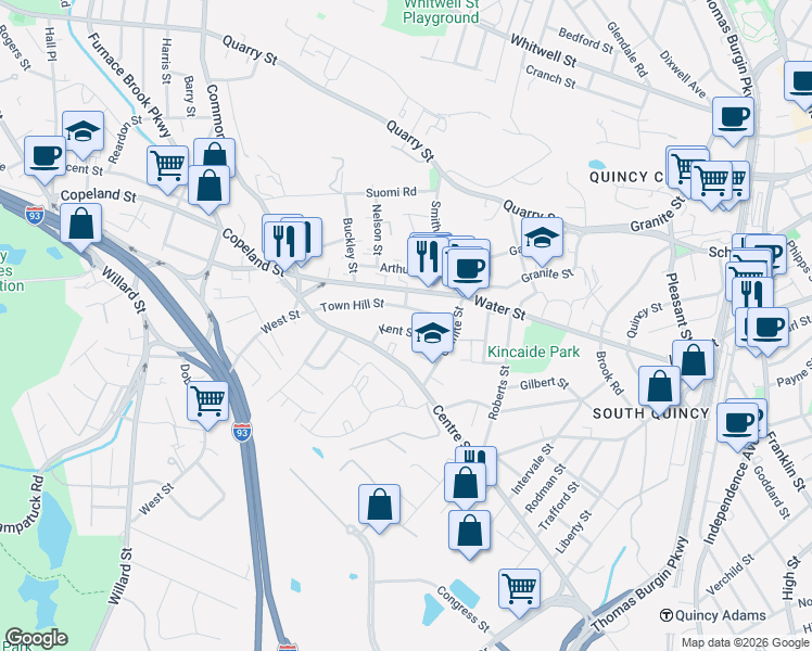 map of restaurants, bars, coffee shops, grocery stores, and more near 47 Kent Street in Quincy