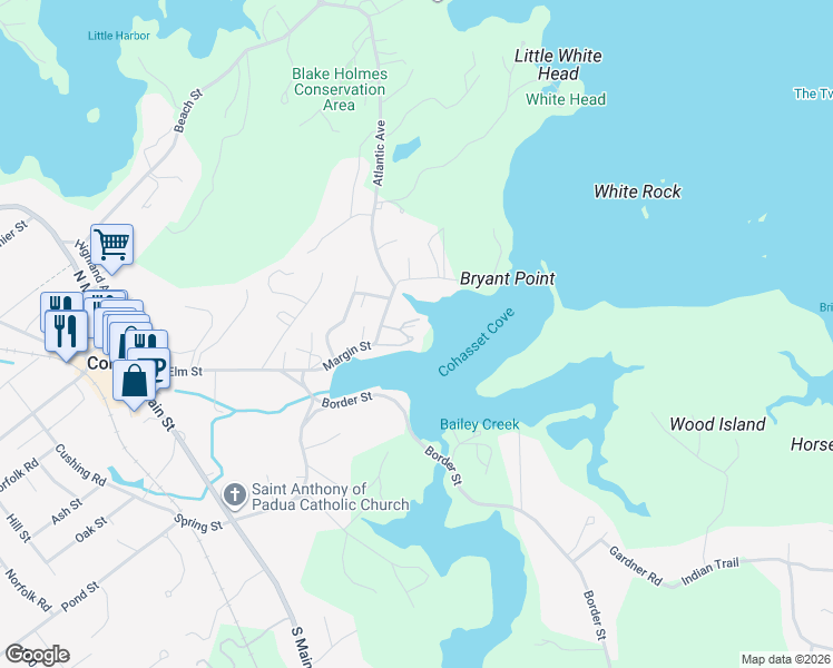 map of restaurants, bars, coffee shops, grocery stores, and more near 49 Margin Street in Cohasset