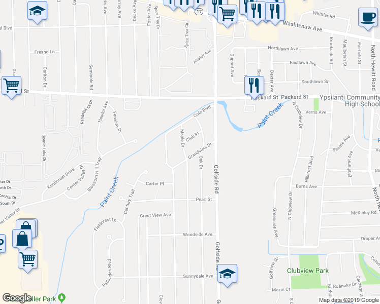 map of restaurants, bars, coffee shops, grocery stores, and more near 4858 Grandview Drive in Ypsilanti