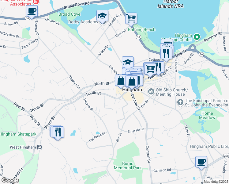 map of restaurants, bars, coffee shops, grocery stores, and more near 3 Forget Me not Lane in Hingham