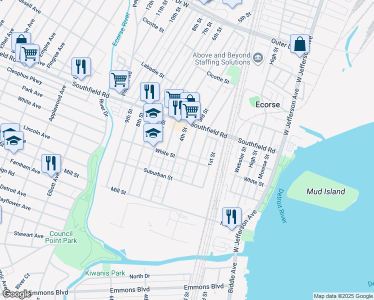 map of restaurants, bars, coffee shops, grocery stores, and more near 4522 3rd Street in Ecorse