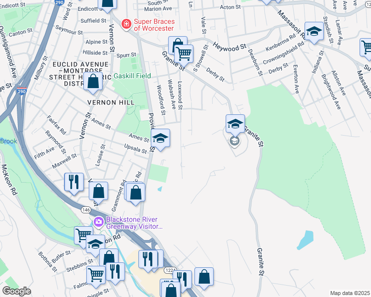 map of restaurants, bars, coffee shops, grocery stores, and more near 2 Bolton Street in Worcester