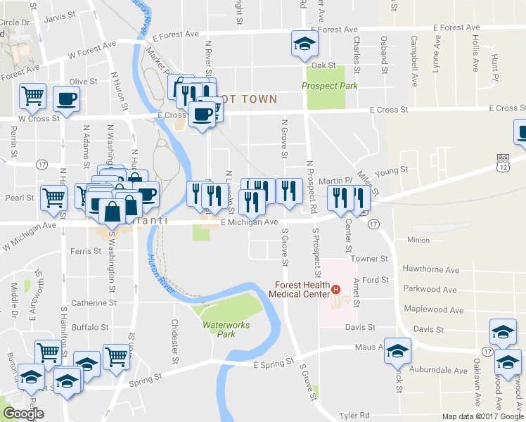 map of restaurants, bars, coffee shops, grocery stores, and more near 309 E Michigan Ave in Ypsilanti