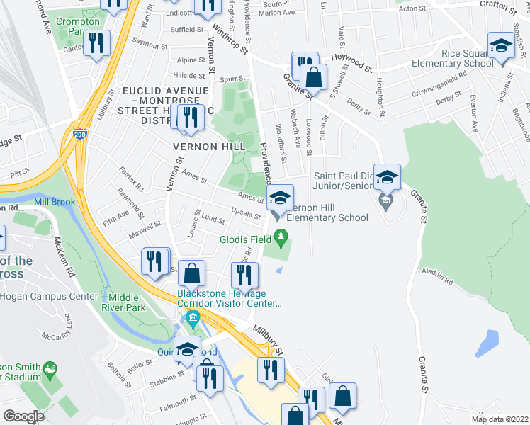 map of restaurants, bars, coffee shops, grocery stores, and more near 204 Massachusetts 122A in Worcester