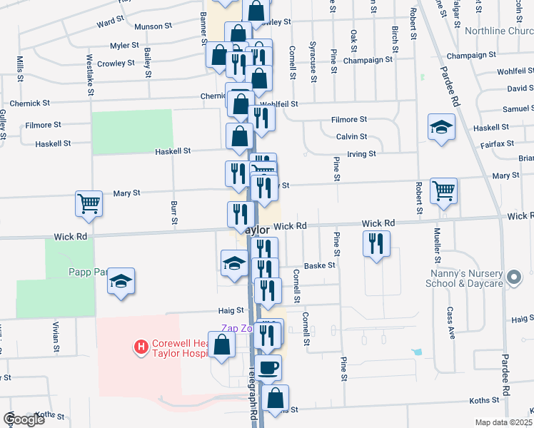 map of restaurants, bars, coffee shops, grocery stores, and more near in Taylor