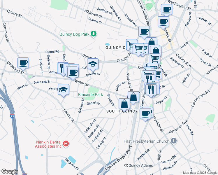 map of restaurants, bars, coffee shops, grocery stores, and more near Brook Road in Quincy