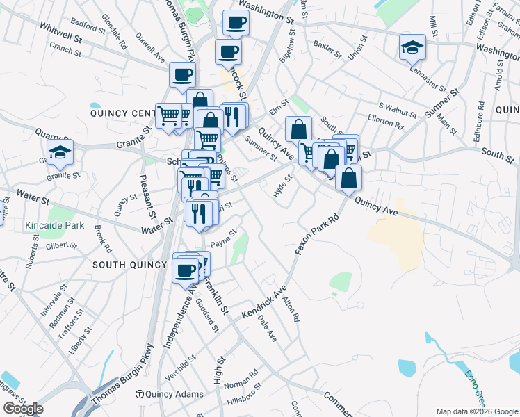 map of restaurants, bars, coffee shops, grocery stores, and more near 100 Phipps Street in Quincy