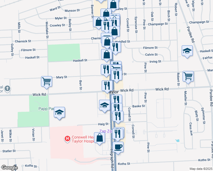map of restaurants, bars, coffee shops, grocery stores, and more near 24128 Wick Road in Taylor