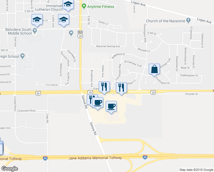 map of restaurants, bars, coffee shops, grocery stores, and more near 2006 Grandview Trail in Belvidere