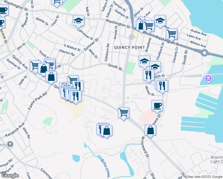 map of restaurants, bars, coffee shops, grocery stores, and more near 1037 Southern Artery in Quincy
