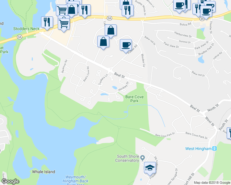 map of restaurants, bars, coffee shops, grocery stores, and more near 2406 Hockley Drive in Hingham