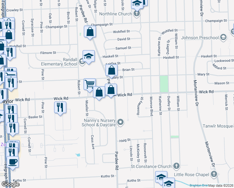 map of restaurants, bars, coffee shops, grocery stores, and more near 22348 Wick Road in Taylor