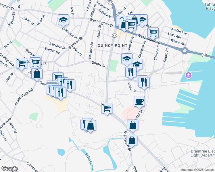 map of restaurants, bars, coffee shops, grocery stores, and more near 1035 Southern Artery in Quincy