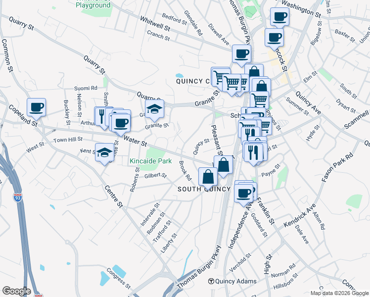 map of restaurants, bars, coffee shops, grocery stores, and more near 291 Water Street in Quincy
