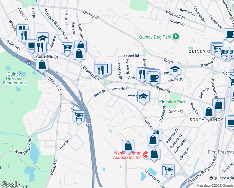 map of restaurants, bars, coffee shops, grocery stores, and more near 72 Centre Street in Quincy