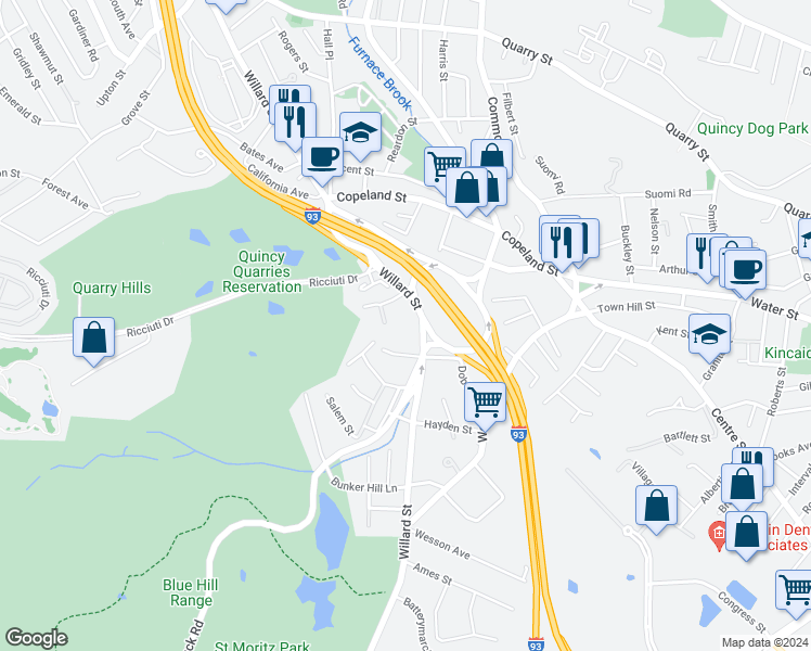 map of restaurants, bars, coffee shops, grocery stores, and more near 459 Willard Street in Quincy