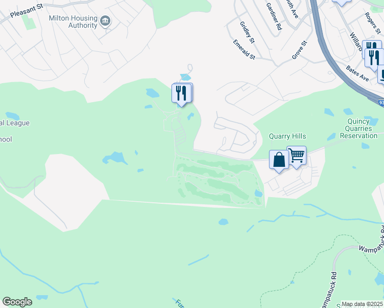 map of restaurants, bars, coffee shops, grocery stores, and more near 375 Ricciuti Drive in Quincy
