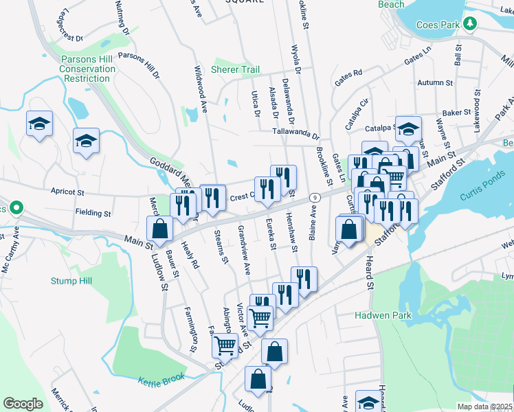 map of restaurants, bars, coffee shops, grocery stores, and more near in Worcester