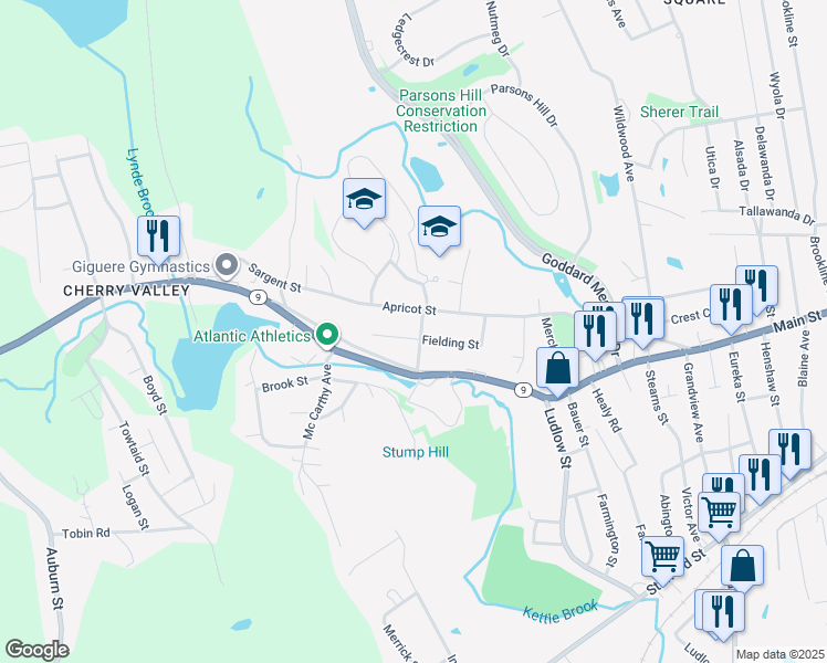map of restaurants, bars, coffee shops, grocery stores, and more near 11 Clegg Street in Worcester