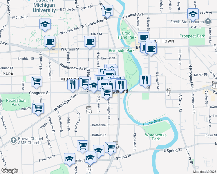map of restaurants, bars, coffee shops, grocery stores, and more near 10 North Washington Street in Ypsilanti