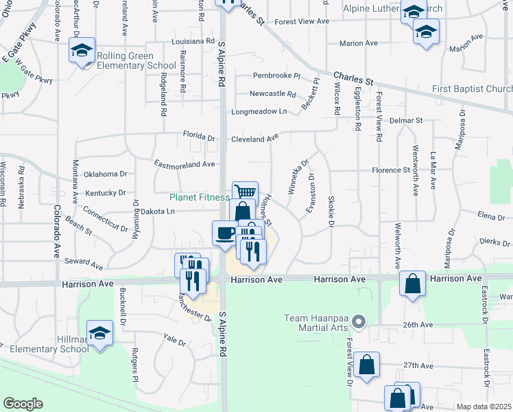 map of restaurants, bars, coffee shops, grocery stores, and more near 2424 Holmes Street in Rockford