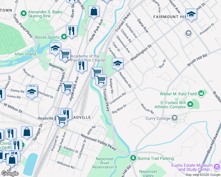 map of restaurants, bars, coffee shops, grocery stores, and more near 35 Badger Road in Boston