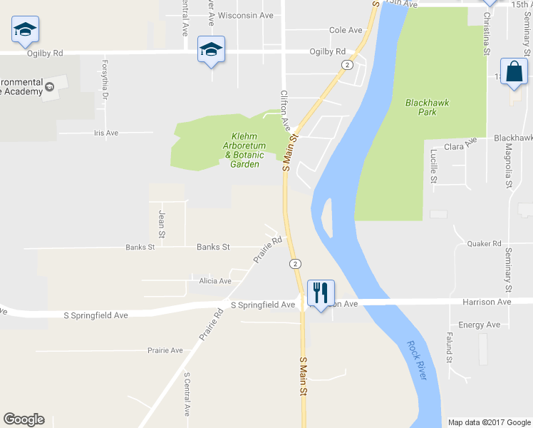 map of restaurants, bars, coffee shops, grocery stores, and more near 2733 South Main Street in Rockford