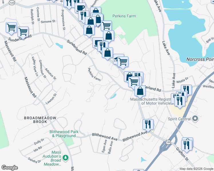 map of restaurants, bars, coffee shops, grocery stores, and more near 330 Sunderland Woods in Worcester