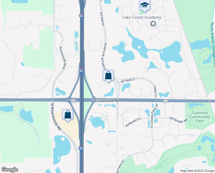 map of restaurants, bars, coffee shops, grocery stores, and more near 100 North Field Drive in Lake Forest
