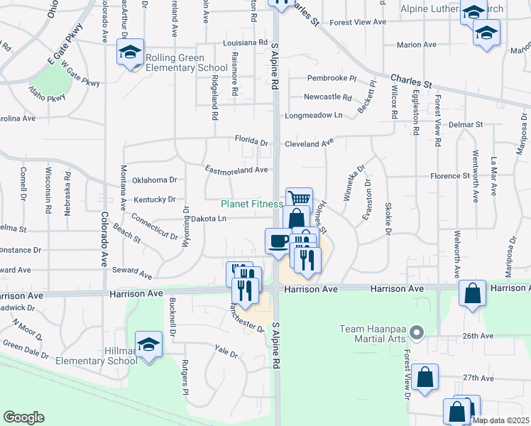 map of restaurants, bars, coffee shops, grocery stores, and more near 4220 Dakota Lane in Rockford
