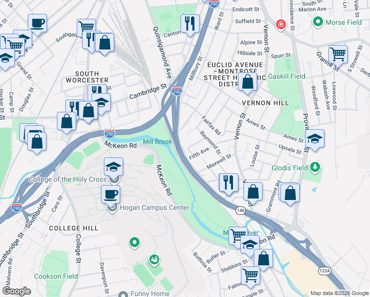map of restaurants, bars, coffee shops, grocery stores, and more near 569 Millbury Street in Worcester