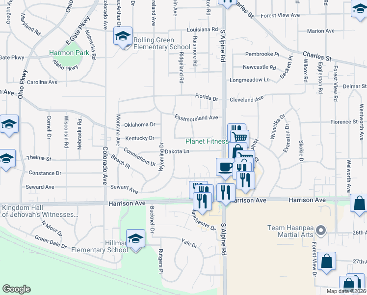 map of restaurants, bars, coffee shops, grocery stores, and more near 4012 Dakota Lane in Rockford