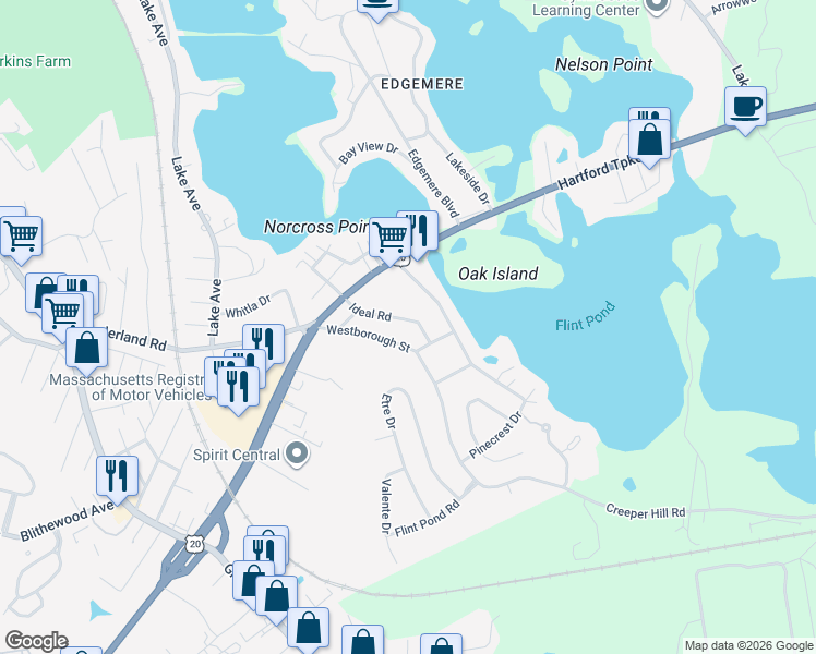 map of restaurants, bars, coffee shops, grocery stores, and more near 48 Ideal Road in Worcester