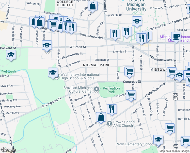 map of restaurants, bars, coffee shops, grocery stores, and more near 1117 Pearl Street in Ypsilanti