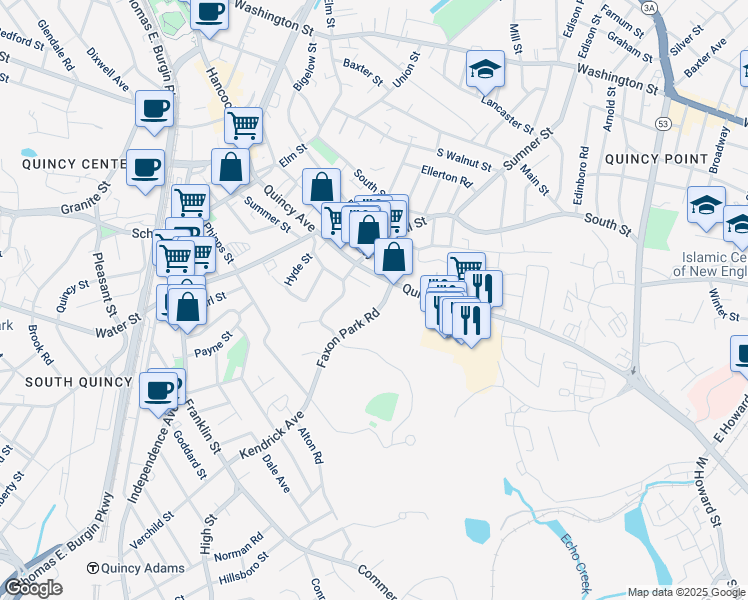 map of restaurants, bars, coffee shops, grocery stores, and more near 21 Faxon Park Rd in Quincy