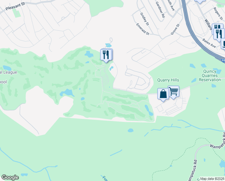 map of restaurants, bars, coffee shops, grocery stores, and more near 375 Ricciuti Drive in Quincy