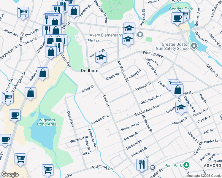 map of restaurants, bars, coffee shops, grocery stores, and more near 55 Park Street in Dedham