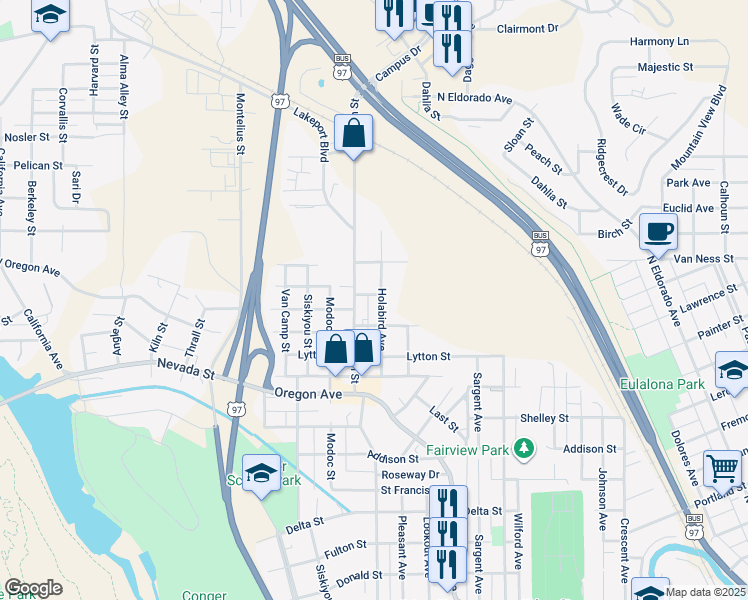 map of restaurants, bars, coffee shops, grocery stores, and more near 2292 Holabird Avenue in Klamath Falls