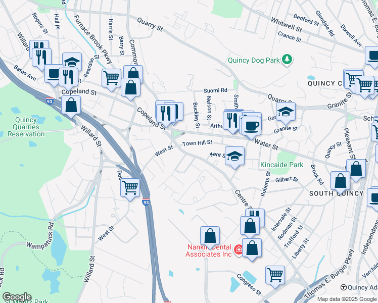 map of restaurants, bars, coffee shops, grocery stores, and more near 72 Centre Street in Quincy