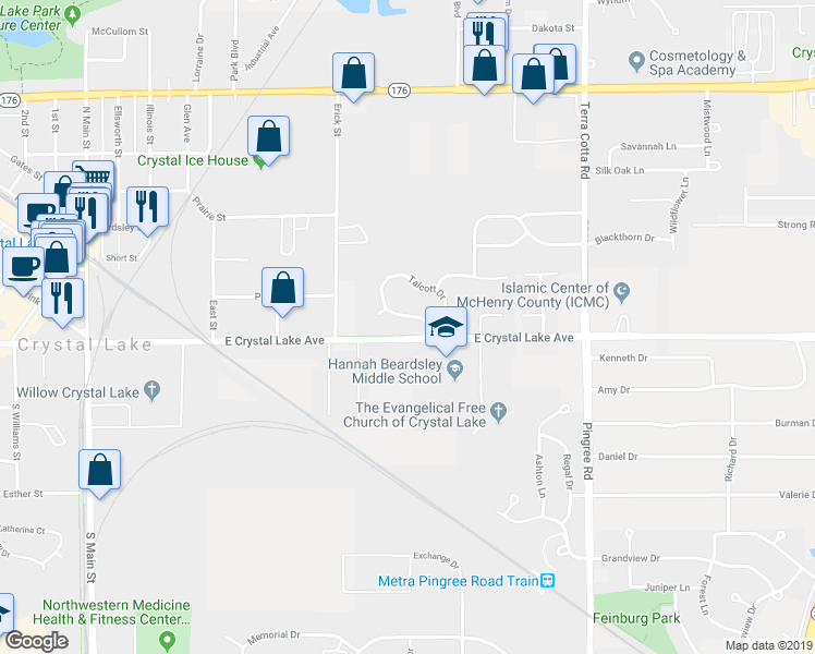 map of restaurants, bars, coffee shops, grocery stores, and more near 12 Talcott Avenue in Crystal Lake
